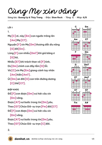 Hợp âm Cùng Mẹ xin vâng (Hoàng Quân) – bản nhạc PDF trang 1, tông C