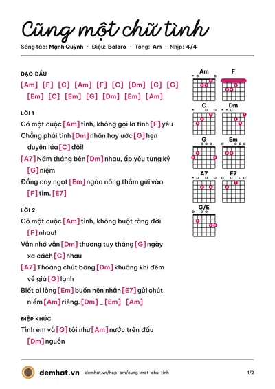 Hợp âm Cũng một chữ tình (Mạnh Quỳnh) – bản nhạc PDF trang 1, tông Am