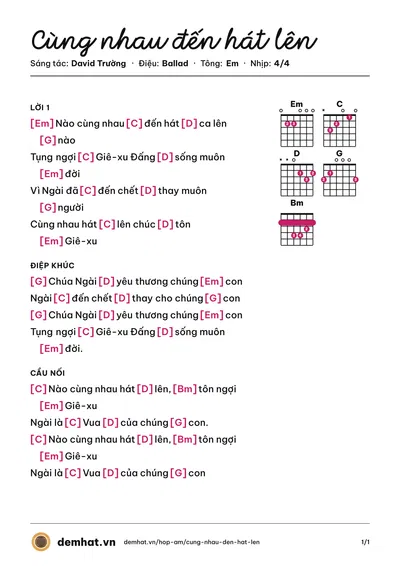 Hợp âm Cùng nhau đến hát lên (David Trường) – bản nhạc PDF trang 1, tông Em