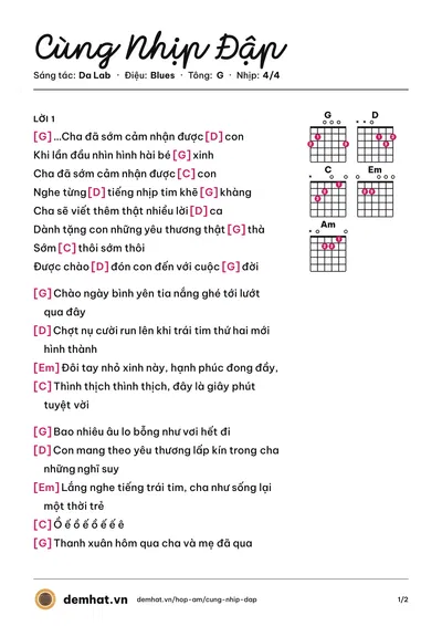 Hợp âm Cùng Nhịp Đập (Da Lab) – bản nhạc PDF trang 1, tông G