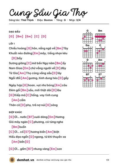 Hợp âm Cung Sầu Gia Thọ (Như Quỳnh) – bản nhạc PDF trang 1, tông G