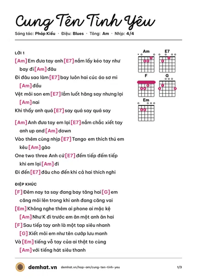 Hợp âm Cung Tên Tình Yêu (Pháp Kiều) – bản nhạc PDF trang 1, tông Am