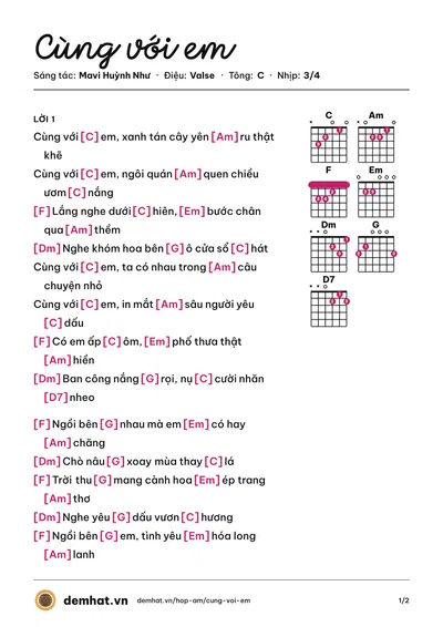 Hợp âm Cùng với em (Khả Hy) – bản nhạc PDF trang 1, tông C