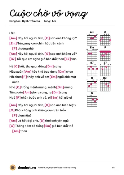 Hợp âm Cuộc chờ vô vọng (Thiên Kim) – bản nhạc PDF trang 1, tông Am