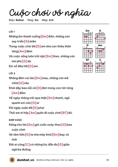 Hợp âm Cuộc chơi vô nghĩa (Quách Tuấn Du) – bản nhạc PDF trang 1, tông Em