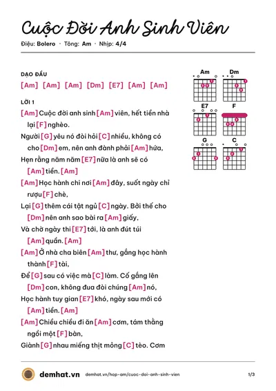 Hợp âm Cuộc Đời Anh Sinh Viên (Chế) – bản nhạc PDF trang 1, tông Am