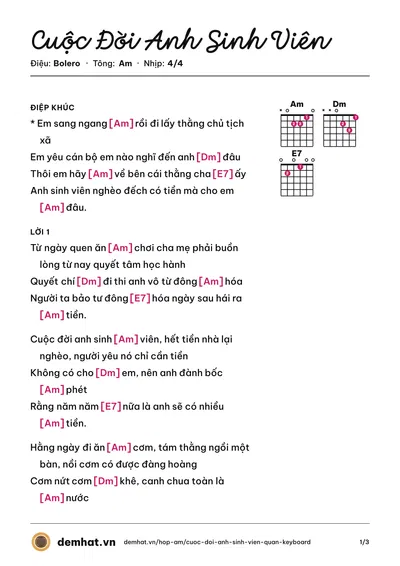 Hợp âm Cuộc Đời Anh Sinh Viên (Quân Keyboard) – bản nhạc PDF trang 1, tông Am