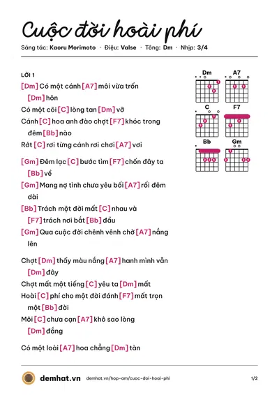 Hợp âm Cuộc đời hoài phí (Thành Lộc) – bản nhạc PDF trang 1, tông Dm