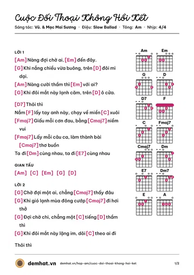 Hợp âm Cuộc Đối Thoại Không Hồi Kết (Vũ.) – bản nhạc PDF trang 1, tông Am