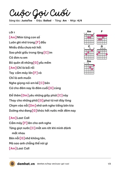 Hợp âm Cuộc Gọi Cuối (JustaTee) – bản nhạc PDF trang 1, tông Am