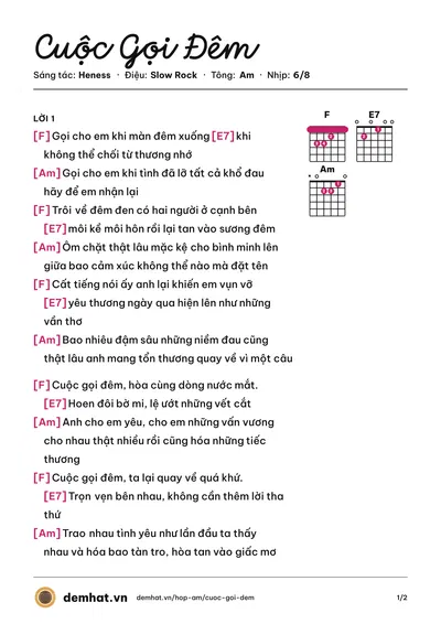 Hợp âm Cuộc Gọi Đêm (Uyên Tố) – bản nhạc PDF trang 1, tông Am