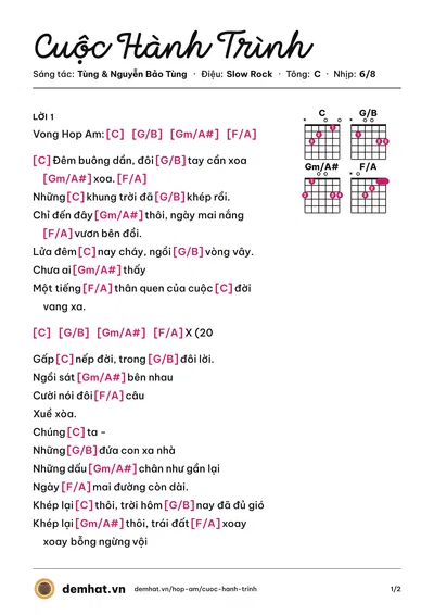 Hợp âm Cuộc Hành Trình (Tùng) – bản nhạc PDF trang 1, tông C