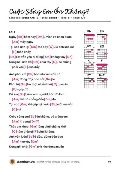 Hợp âm Cuộc Sống Em Ổn Không? (Anh Tú The Voice) – bản nhạc PDF trang 1, tông F