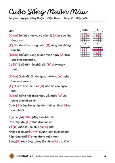 Hợp âm Cuộc Sống Muôn Màu (VMusic) – bản nhạc PDF trang 1, tông E