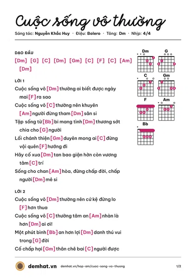Hợp âm Cuộc sống vô thường (Nguyễn Khắc Huy) – bản nhạc PDF trang 1, tông Dm