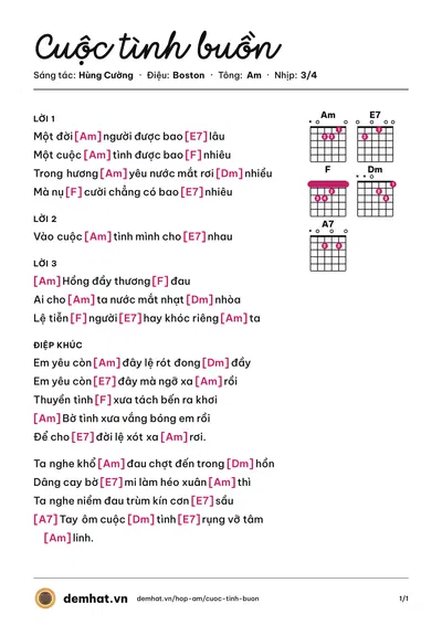 Hợp âm Cuộc tình buồn (Hùng Cường) – bản nhạc PDF trang 1, tông Am