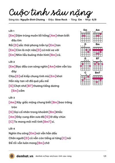 Hợp âm Cuộc tình sâu nặng (Nguyễn Đình Chương) – bản nhạc PDF trang 1, tông Em