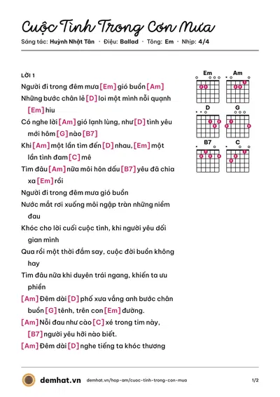 Hợp âm Cuộc Tình Trong Cơn Mưa (Đan Trường) – bản nhạc PDF trang 1, tông Em