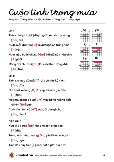 Hợp âm Cuộc tình trong mưa (Tường Văn) – bản nhạc PDF trang 1, tông Dm