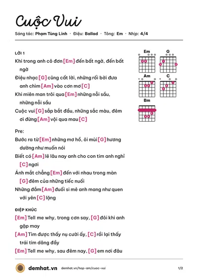 Hợp âm Cuộc Vui (O-plus) – bản nhạc PDF trang 1, tông Em