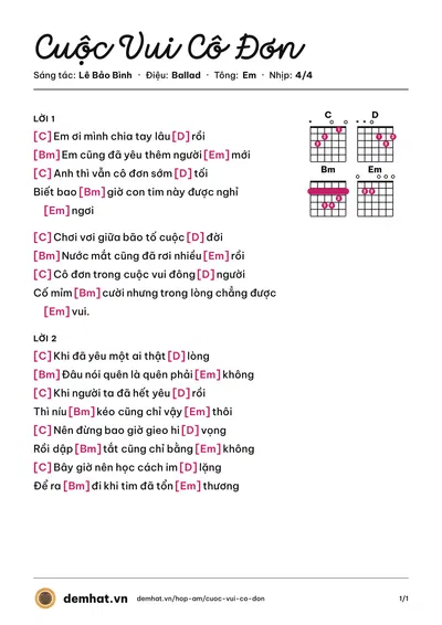 Hợp âm Cuộc Vui Cô Đơn (Lê Bảo Bình) – bản nhạc PDF trang 1, tông Em