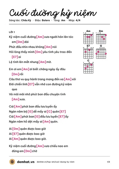 Hợp âm Cuối đường kỷ niệm (Chế Linh) – bản nhạc PDF trang 1, tông Am