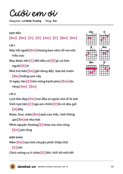 Hợp âm Cưới em ơi (Khưu Huy Vũ) – bản nhạc PDF trang 1, tông Em