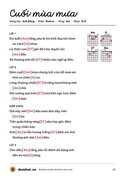 Hợp âm Cuối mùa mưa (Trang Mỹ Dung (trước 75)) – bản nhạc PDF trang 1, tông Am