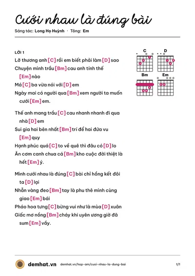 Hợp âm Cưới nhau là đúng bài (Long Họ Huỳnh) – bản nhạc PDF trang 1, tông Em