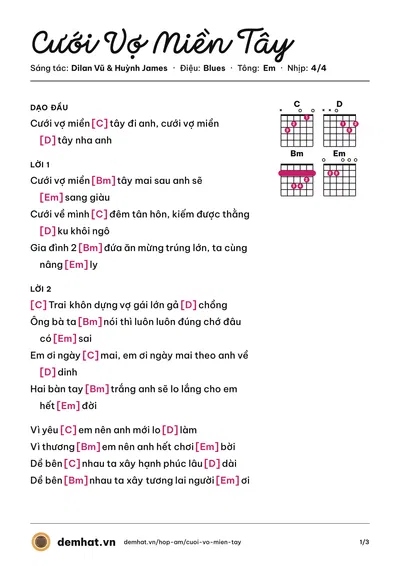 Hợp âm Cưới Vợ Miền Tây (Huỳnh James) – bản nhạc PDF trang 1, tông Em
