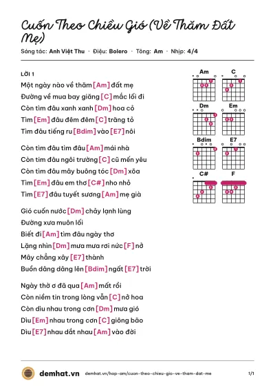 Hợp âm Cuốn Theo Chiều Gió (Về Thăm Đất Mẹ) (Hoàng Oanh) – bản nhạc PDF trang 1, tông Am