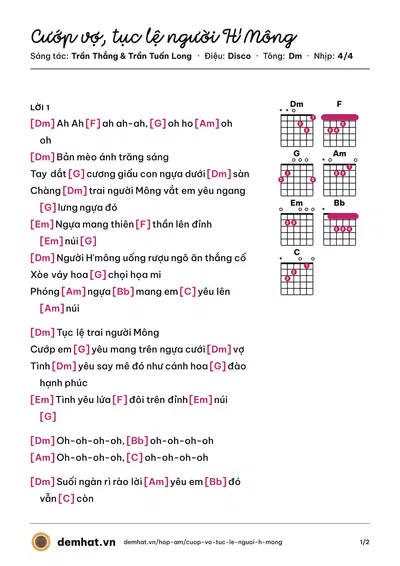 Hợp âm Cướp vợ, tục lệ người H'Mông (Ngũ Cung) – bản nhạc PDF trang 1, tông Dm