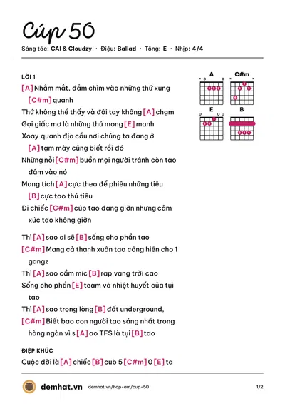 Hợp âm Cúp 50 (CAI) – bản nhạc PDF trang 1, tông E
