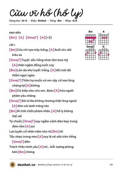 Hợp âm Cửu vĩ hồ (hồ ly) (Yun) – bản nhạc PDF trang 1, tông Bm