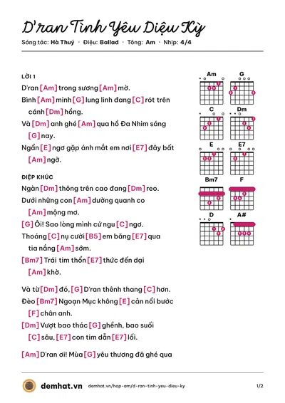 Hợp âm D’ran Tình Yêu Diệu Kỳ (Hà Thuý) – bản nhạc PDF trang 1, tông Am