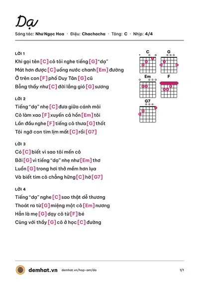 Hợp âm Dạ (Tâm Thư) – bản nhạc PDF trang 1, tông C