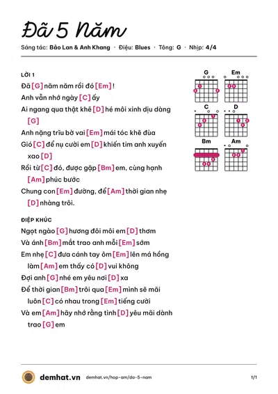 Hợp âm Đã 5 Năm (Anh Khang) – bản nhạc PDF trang 1, tông G