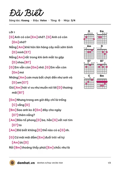 Hợp âm Đã Biết (Kaang) – bản nhạc PDF trang 1, tông G