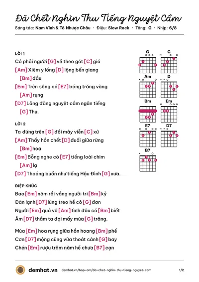 Hợp âm Đã Chết Nghìn Thu Tiếng Nguyệt Cầm (Nam Vĩnh) – bản nhạc PDF trang 1, tông G