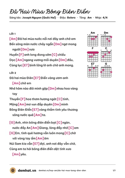 Hợp âm Đã Hai Mùa Bông Điên Điển (Hoàng Nguyên) – bản nhạc PDF trang 1, tông Am
