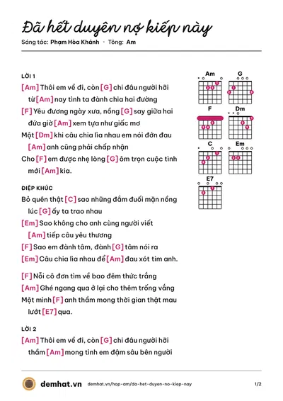 Hợp âm Đã hết duyên nợ kiếp này (Phạm Hòa Khánh) – bản nhạc PDF trang 1, tông Am