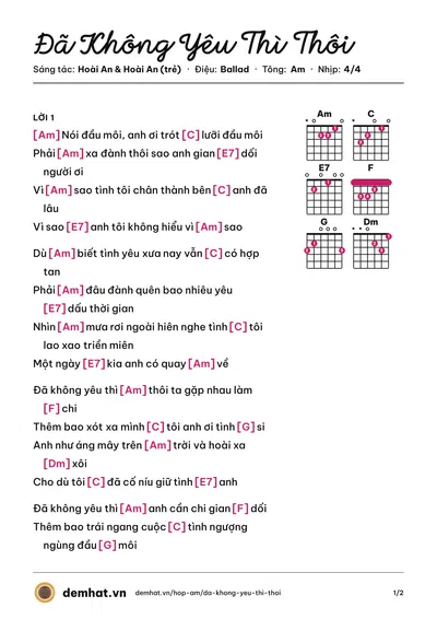 Hợp âm Đã Không Yêu Thì Thôi (Minh Tuyết) – bản nhạc PDF trang 1, tông Am