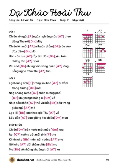 Hợp âm Dạ Khúc Hoài Thu (Lệ Thu) – bản nhạc PDF trang 1, tông F