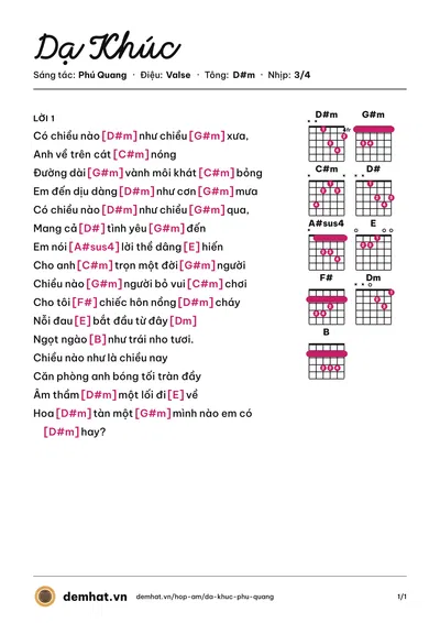 Hợp âm Dạ Khúc (Hoàng Lê Vi) – bản nhạc PDF trang 1, tông D#m