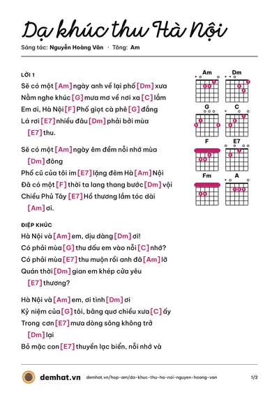 Hợp âm Dạ khúc thu Hà Nội (Lê Viết Thu) – bản nhạc PDF trang 1, tông Am