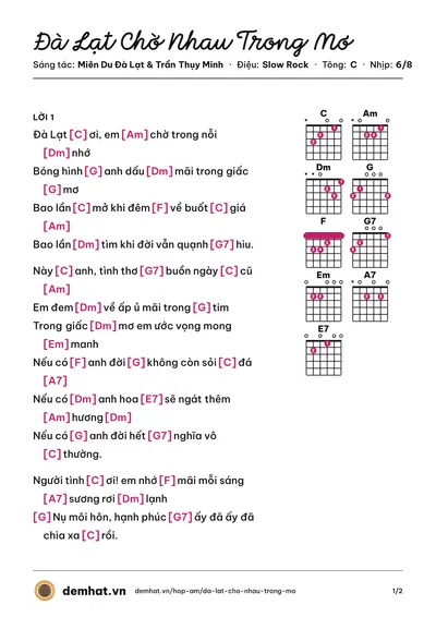 Hợp âm Đà Lạt Chờ Nhau Trong Mơ (Mỹ Dung) – bản nhạc PDF trang 1, tông C