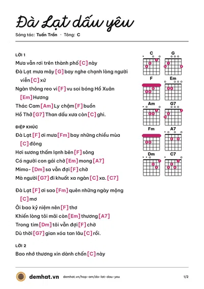 Hợp âm Đà Lạt dấu yêu (Quốc Bảo) – bản nhạc PDF trang 1, tông C