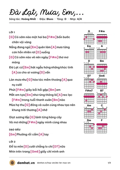 Hợp âm Đà Lạt, Mưa, Em,... (Hoàng Vy) – bản nhạc PDF trang 1, tông D