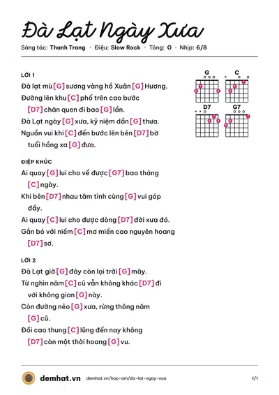 Hợp âm Đà Lạt Ngày Xưa (Hồng Tước) – bản nhạc PDF trang 1, tông G