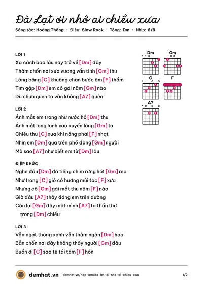 Hợp âm Đà Lạt ơi nhớ ai chiều xưa (Hoàng Thống) – bản nhạc PDF trang 1, tông Dm